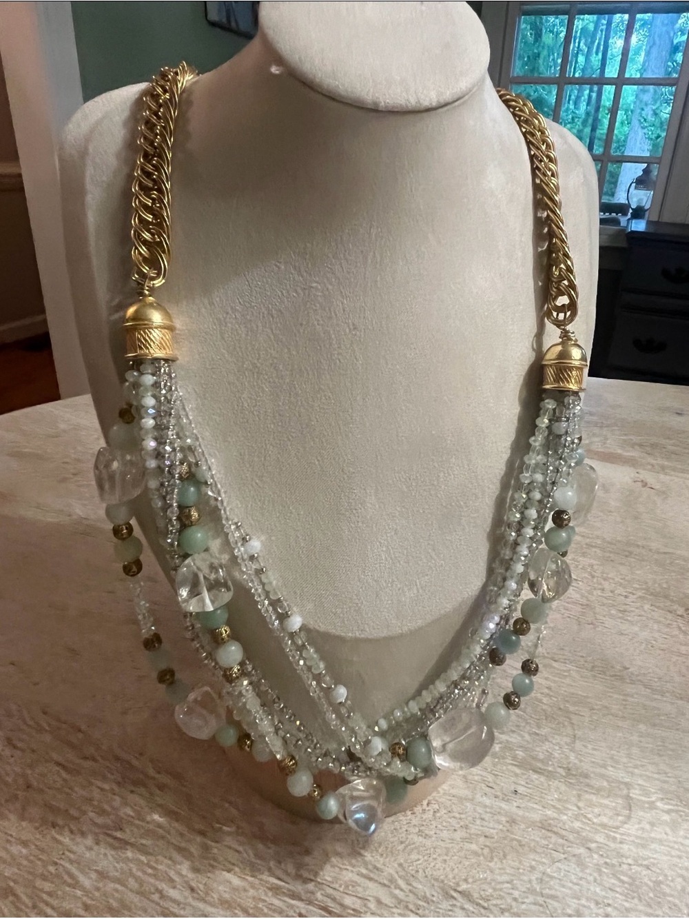 Gold-Tone Multi-Strand Beaded Necklace with Clear and Aqua Stones